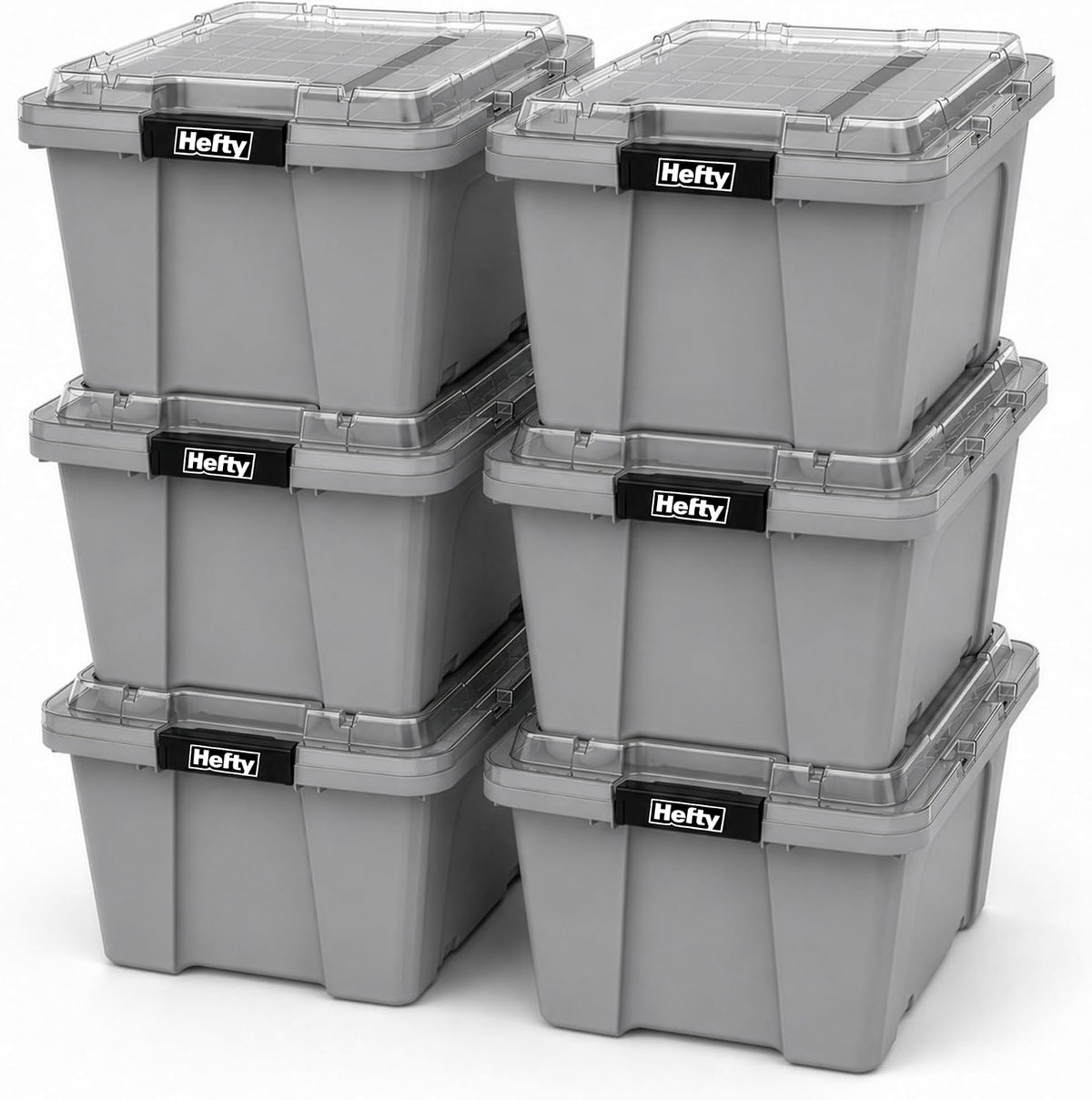 Hefty MAX Pro 12 Gallon Storage Bins with Latching Lids, Heavy Duty Stackable Plastic Storage Containers for Garage, Basement & Outdoor Use, Utility Storage Tote, 6 Pack, Gray