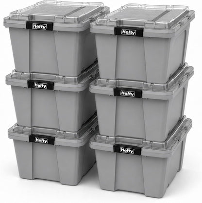 Hefty MAX Pro 12 Gallon Storage Bins with Latching Lids, Heavy Duty Stackable Plastic Storage Containers for Garage, Basement & Outdoor Use, Utility Storage Tote, 6 Pack, Gray
