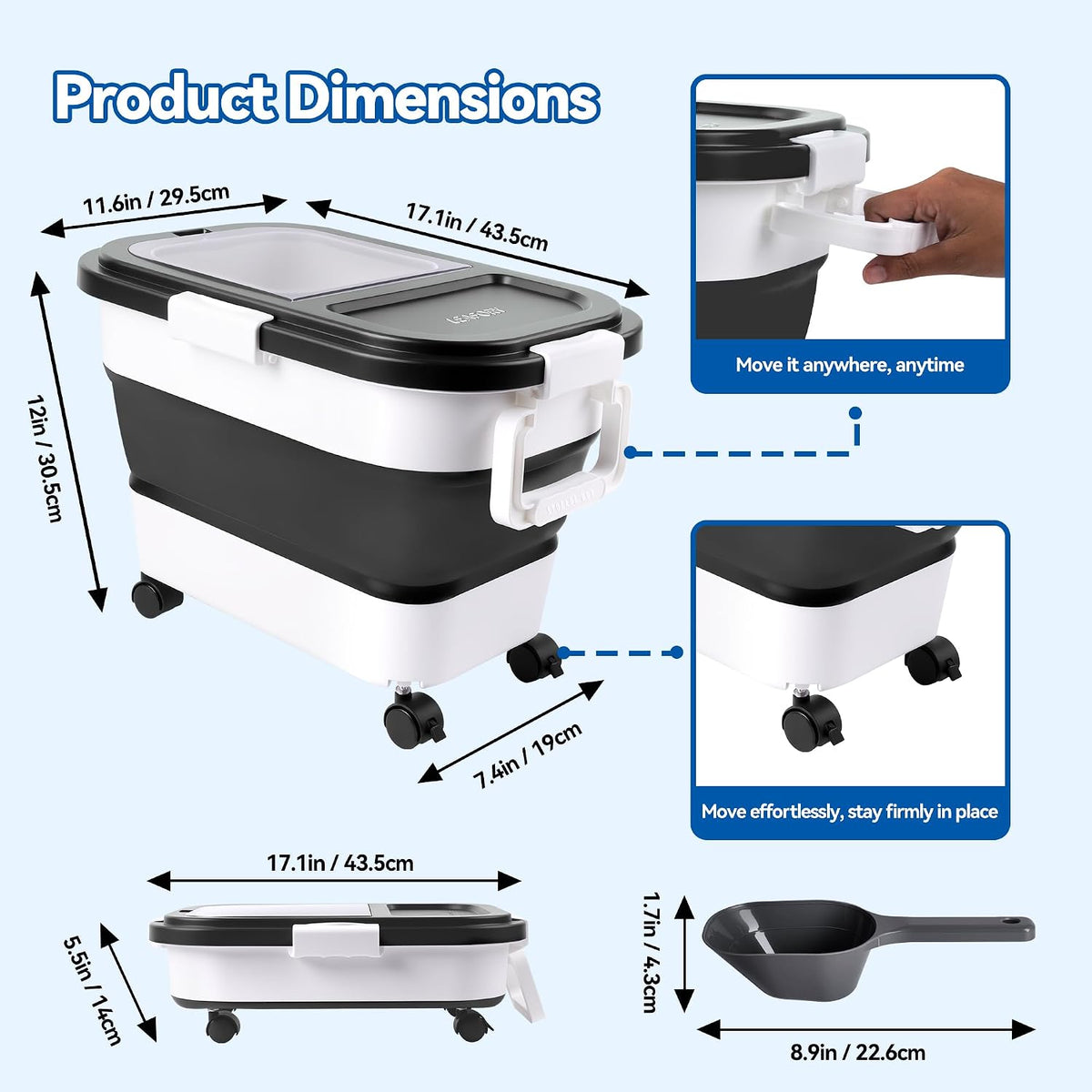 Dog Food Storage Container 20-25lbs, Airtight Pet Food Bin with Locking Lid & Clear Window, Collapsible Rolling Storage Container with Wheels and Scoop, Black