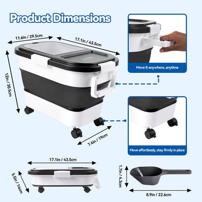 Dog Food Storage Container 20-25lbs, Airtight Pet Food Bin with Locking Lid & Clear Window, Collapsible Rolling Storage Container with Wheels and Scoop, Black