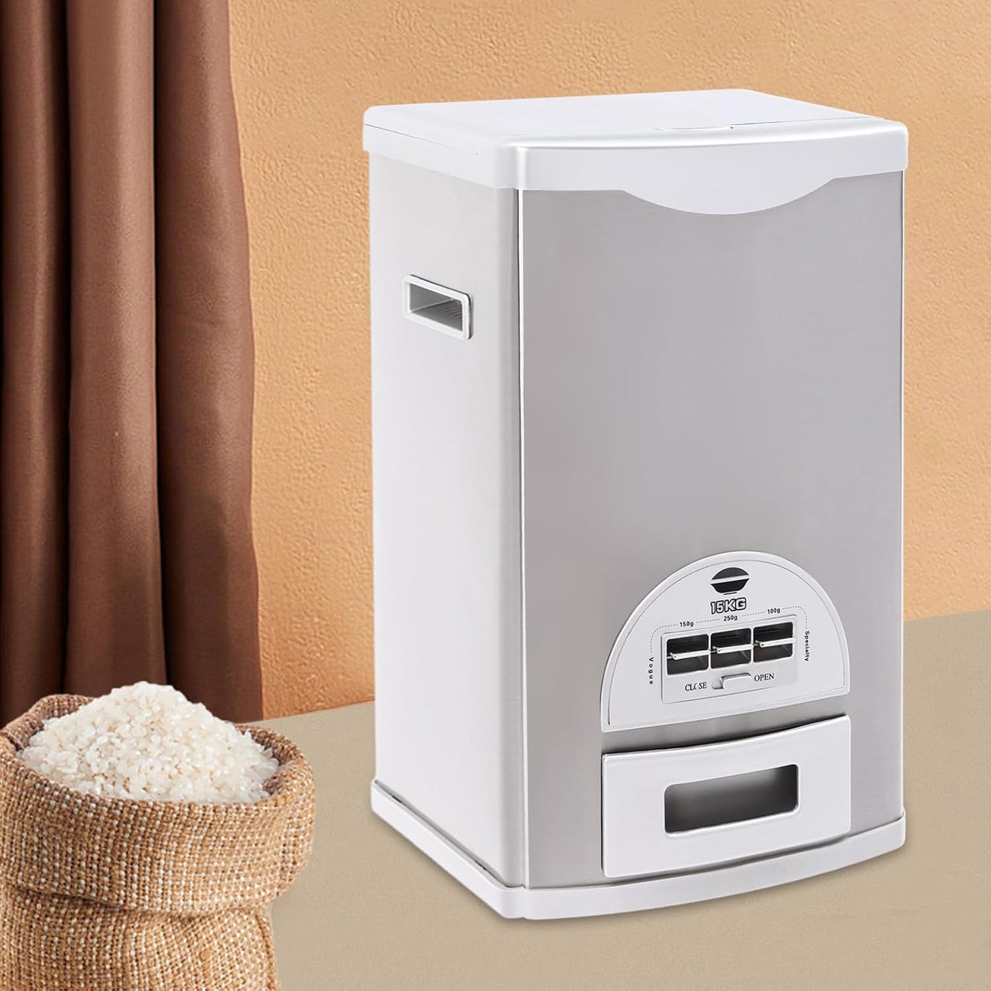 33LBS Stainless Steel Rice Dispenser - Automatic Measuring Dispenser with 3 Gears, Large Capacity Rice Storage Container for Kitchen/Pantry (Silver)