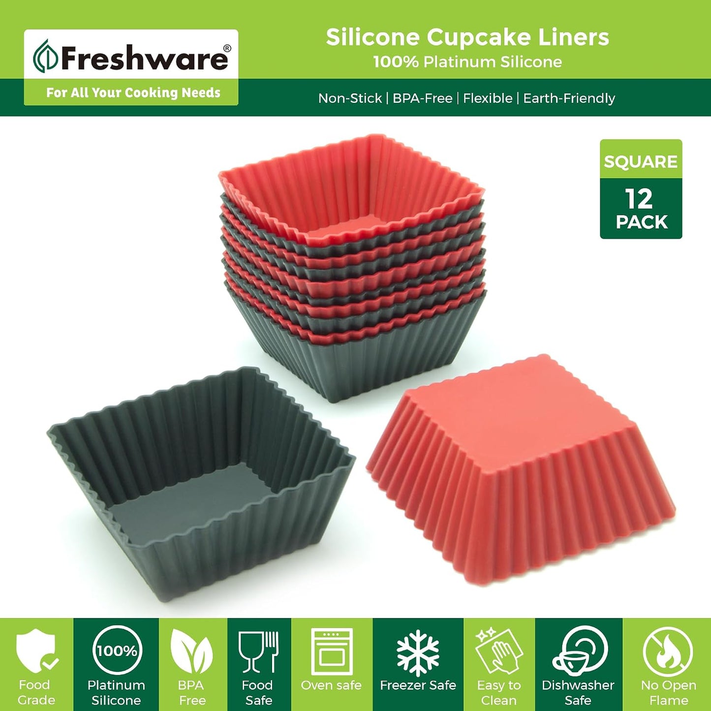 Freshware Cupcake Liners, Pack of 12 Silicone Muffin Cups, 3 Inch Baking Cups, Reusable & Non-stick Cupcake Liners for Party Halloween Christmas, Flower