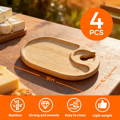 4 PCS Wine Appetizer Plates，Individual Mini Charcuterie Boards，Wine Glass Topper Appetizer Plates，Cocktail Plate with Glass Holder，Cheese Board with Wine Holder