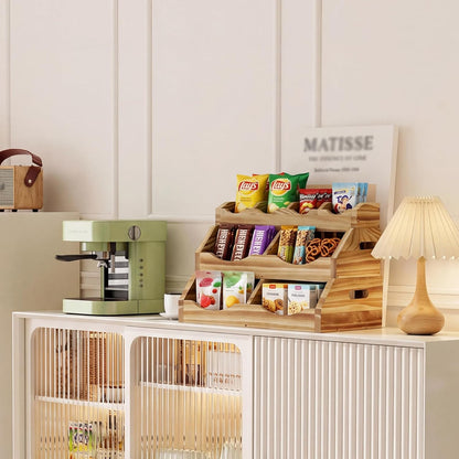 3-Tier Solid Wood Potato and Onion Storage Bin for Kitchen Counter, Stackable Fruit Vegetable Basket with 4-Compartment Top Tray Removable Adjustable, Ventilated Pantry Organizers and Storage
