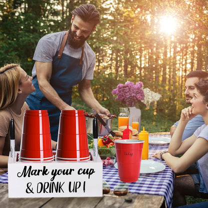 Wooden Cup Holder with Marker Slot, Disposable Plastic Party Cup Organizer for Holiday Gatherings - Hosting Essential to Mark Your Cup & Drink Up, Prevent Mix-Ups, Reduce Waste