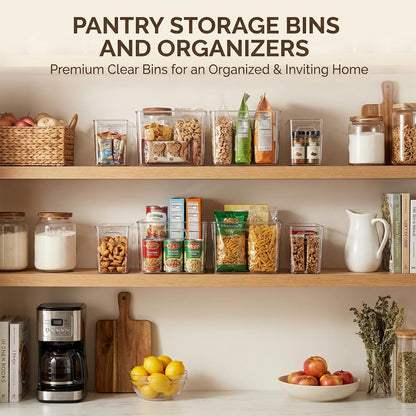 MOONEDGE 6 Pack Clear Organizer Bins 11x8x6in Pantry Organizers and Storage | Clear Containers for Organizing, Plastic Storage Bins with Handles for Drawer, Craft, Fridge, Kitchen Cabinet Shelf