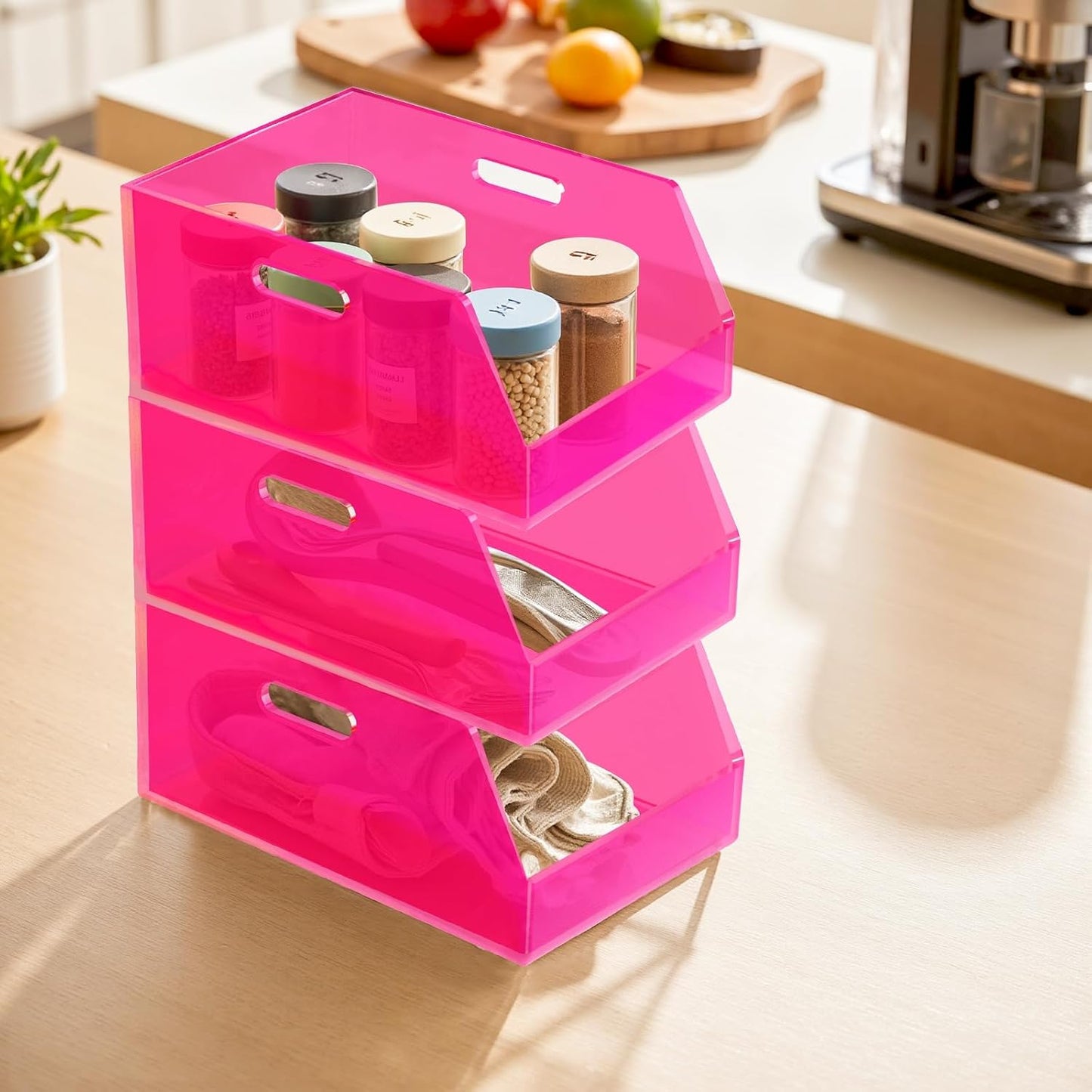 Gelite Stackable Storage Bins Open Front Clear Organizer Bins with Handles Acrylic Storage Container for Pantry Kitchen Cabinet Bathroom Closet Office Organization, 11.4x7.5x5.1''