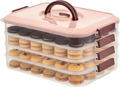 4-Tier Cookie Container with Airtight Lid and Handle Stackable Food Storage Container Dumpling Storage Box Portable Cookie Carrier for Cupcakes Desserts Wonton and Snacks