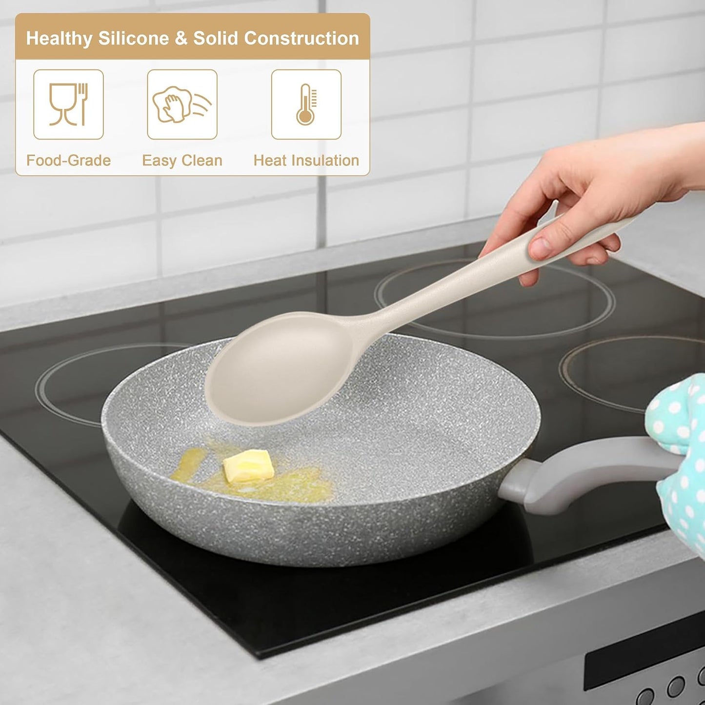 E-far Silicone Cooking Spoon Set of 2, Heat Resistant Kitchen Spoons Utensils Nonstick Mixing Spoon for Baking Stirring Serving, Non-Toxic & Dishwasher Safe (Khaki)
