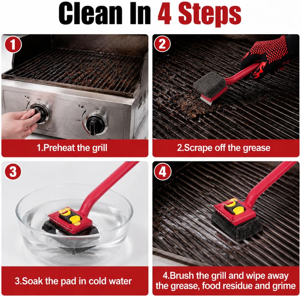 Grill Brush Bristle Free with Scraper,Grill Cleaner Brush with 2 Replacement Heads and Heat Resistant Gloves,Safe Grill Brush for Outdoor Grill,BBQ Grill Brush for Any Grill