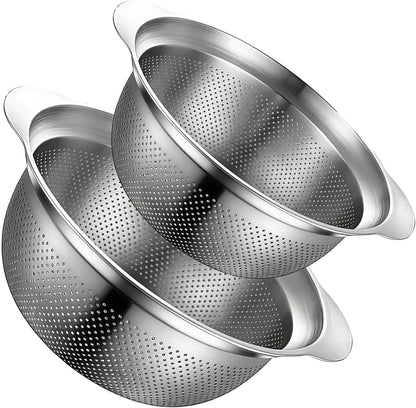Stainless Steel Colander Set of 2, Nesting Kitchen Strainers with Handles & Stable Base, One-Piece Pasta Drainer for Fruit, Vegetables & Food Prep, Dishwasher Safe(2QT&3QT)