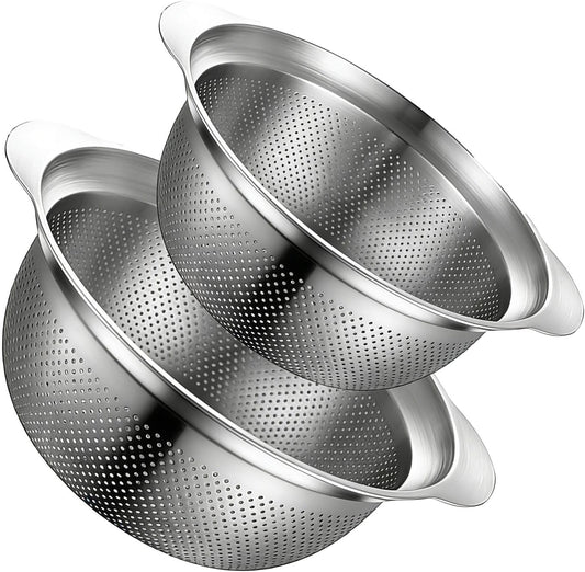 Stainless Steel Colander Set of 2, Nesting Kitchen Strainers with Handles & Stable Base, One-Piece Pasta Drainer for Fruit, Vegetables & Food Prep, Dishwasher Safe(2QT&3QT)