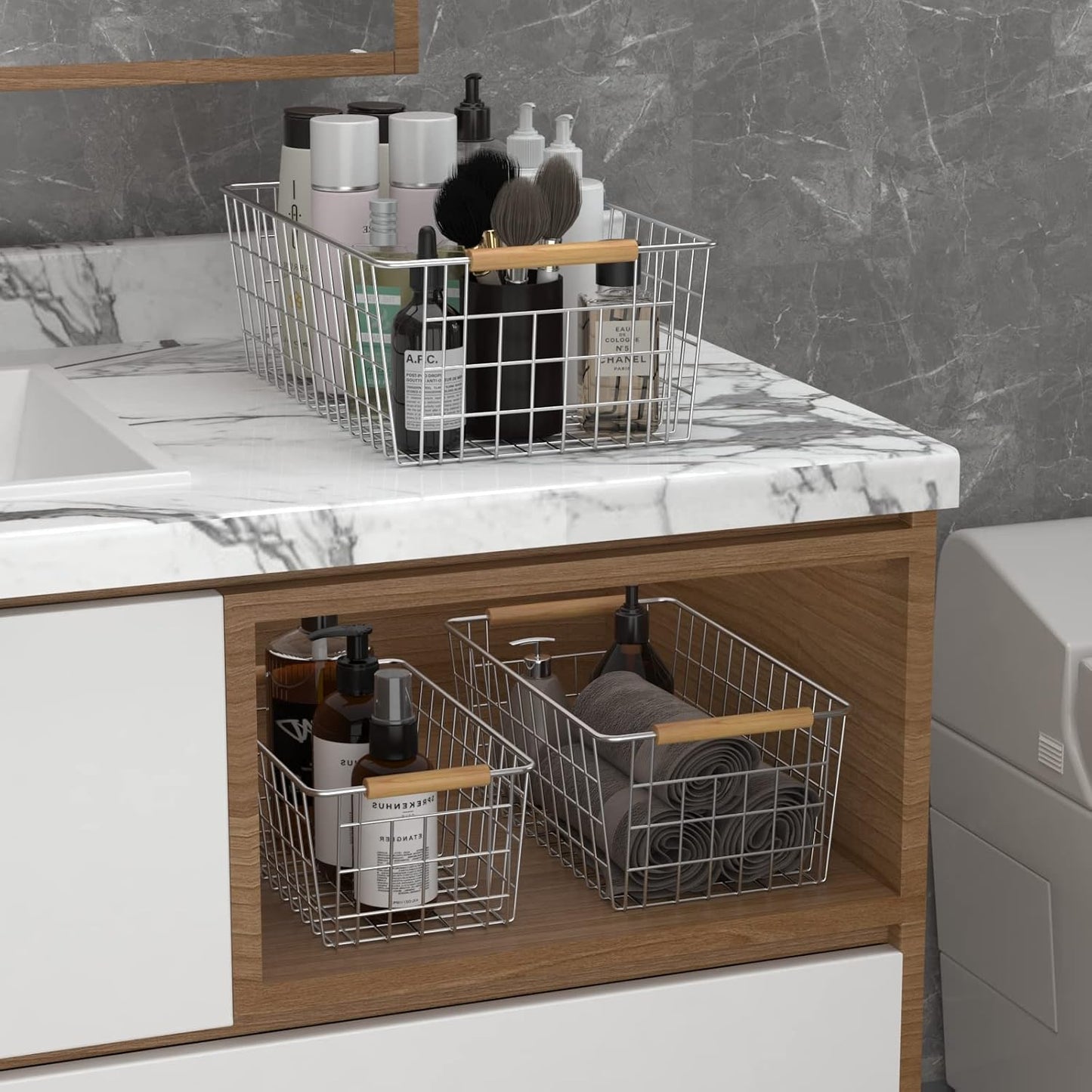 YOUVIP Wire Storage Baskets with Wooden Handles, 3 Pack Metal Organizer Baskets for Kitchen, Pantry, Freezer, Laundry,Farmhouse,Bathroom Baskets for Organizing,Black (1 Small, 1 Medium, 1 Large)