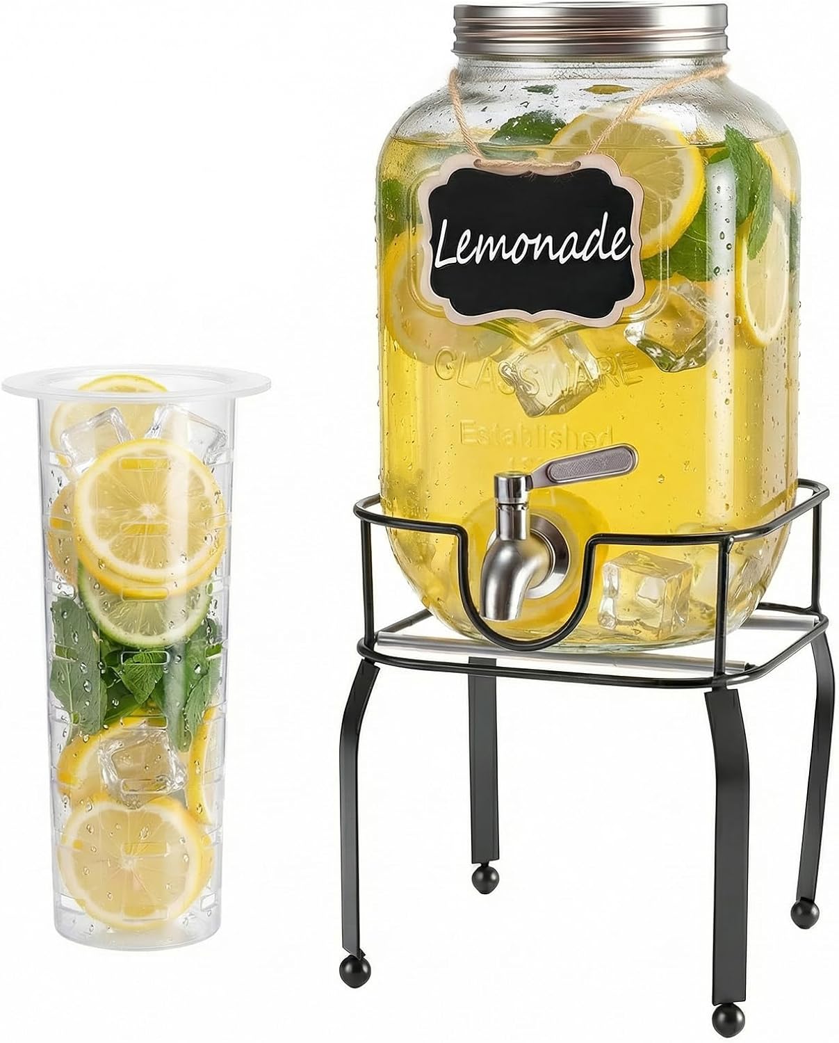 2 Pack1 Gallon Glass Drink Dispensers For Parties,Beverage Dispenser with Stand,304 Stainless Steel Spigot Leakproof,Lemonade Dispenser for Sun Tea, Homemade Juice