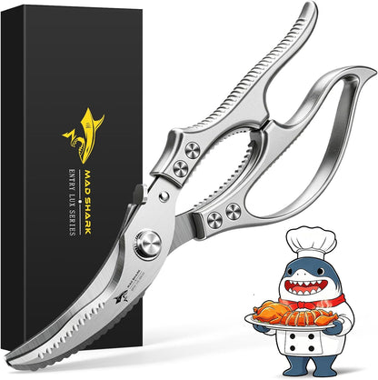 MAD SHARK Heavy Duty Poultry Shears, Kitchen Shears with Non-Slip Handle & Safety Lock, All Purpose Kitchen Scissors for Chicken, Meat Cutting, Turkey, Fish, Vegetables, Spring Loaded, Dishwasher Safe
