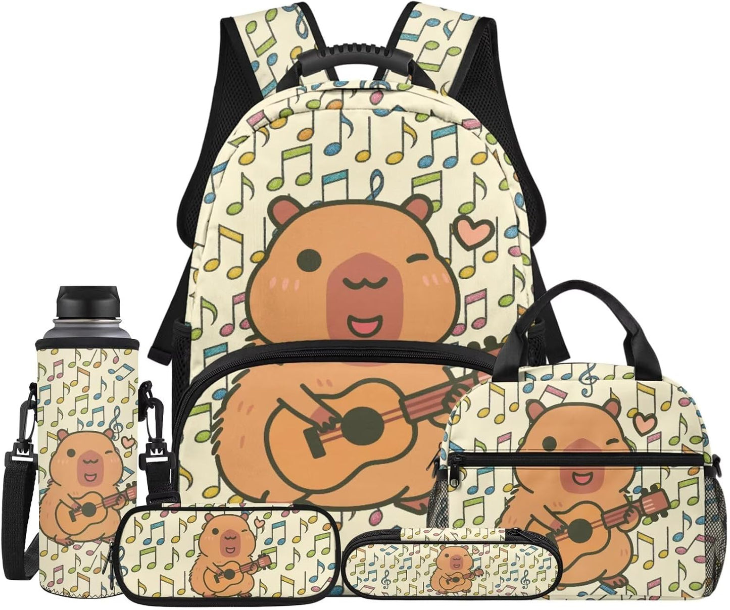 Cute Capybara Pizza Backpack for Girls, 5 Pcs Boys School Bag Set for Kids, 17 Inch Backpacks Lunch Pencil Box Reusable Utensils Case Set for Middle Elementary School, 3rd Grade Backpack
