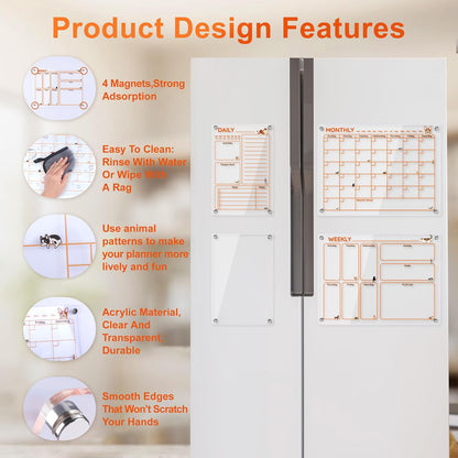 Magnetic Acrylic Clear Fridge Calendar Planner Note Board Set for Fridge,8Colors Markers,Erase Towel (Clear, Monthly & Weekly)