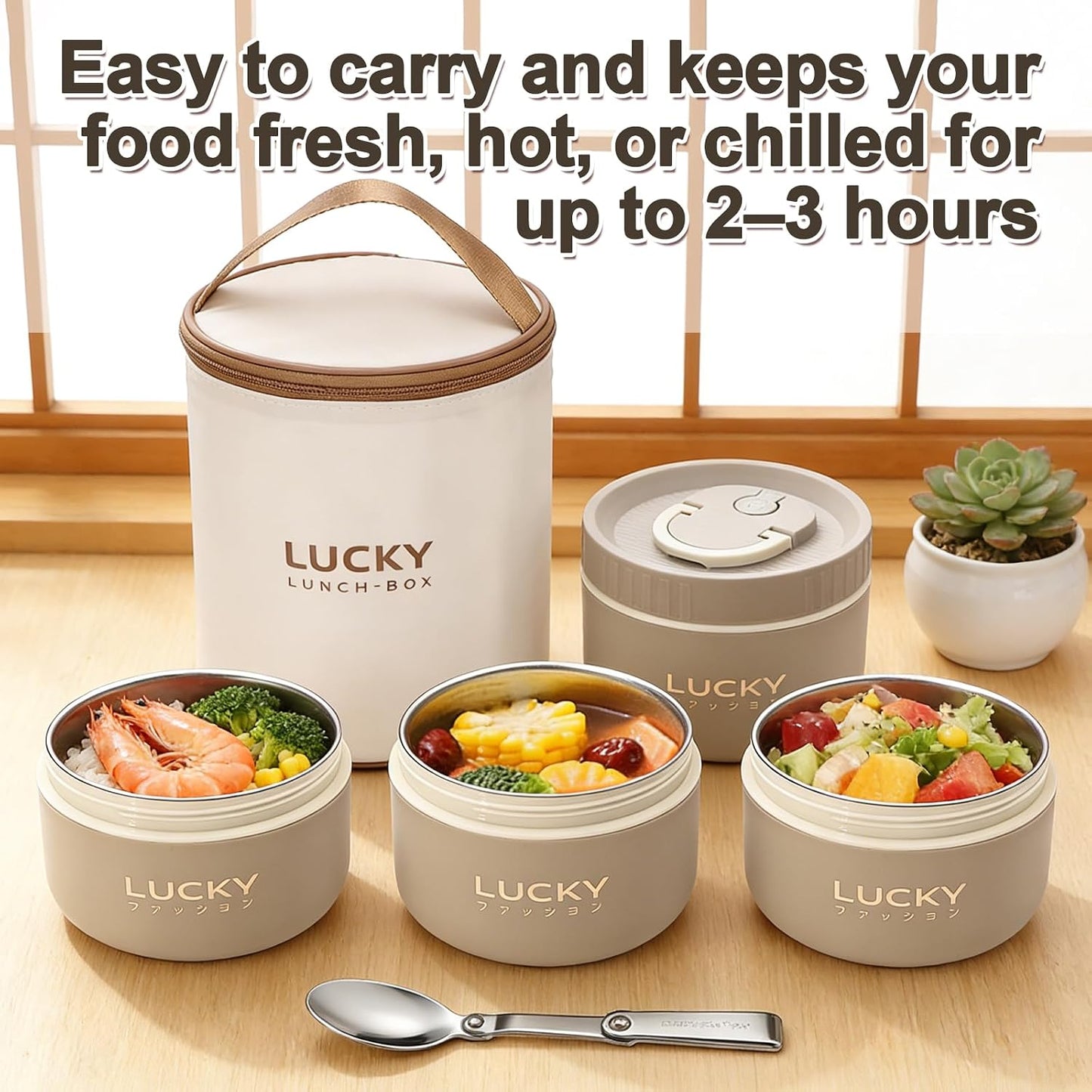 3 Compartments Bento Lunch box with Soup Bowl, Insulated Lunch Bag and Portable Utensils, Stainless Steel Camera Lunch Containers，Leak Proof Bento Box for Kids Adults Men Women…