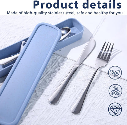 HANSGO Travel Utensils with Case, 4PCS Stainless Steel Portable Cutlery Set, Built-in Card Slot Design for Fixing Tableware, Easy-Open Lid, Lunch Box for Camping Work School, Dishwasher Safe, Beige