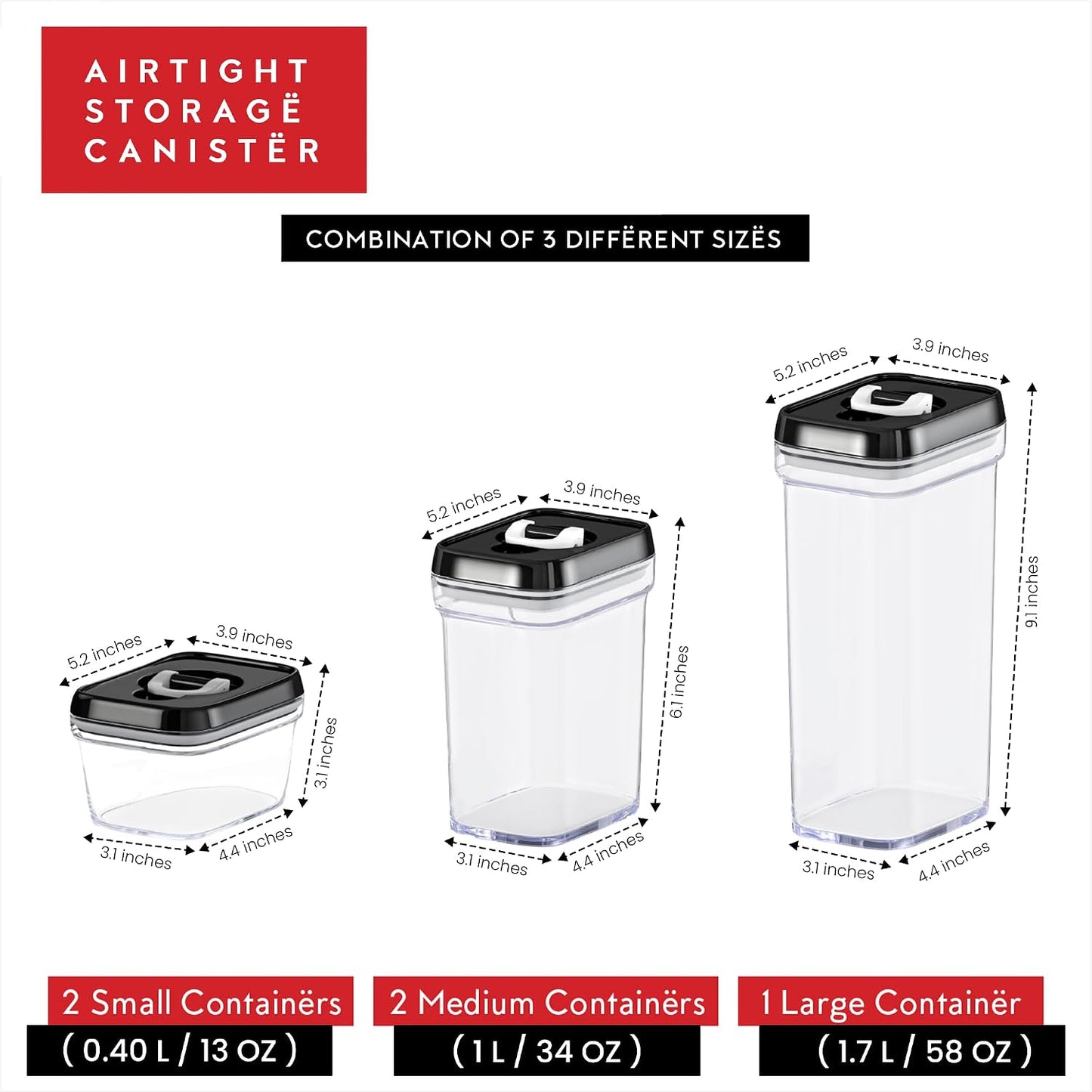 DWËLLZA KITCHEN Large Airtight Food Storage Containers - Clear Plastic Bulk Food Pantry & Kitchen Storage Containers for Flour, Sugar and Baking Supplies 4 Pcs. BPA-Free, Keeps Fresh & Dry (Black)