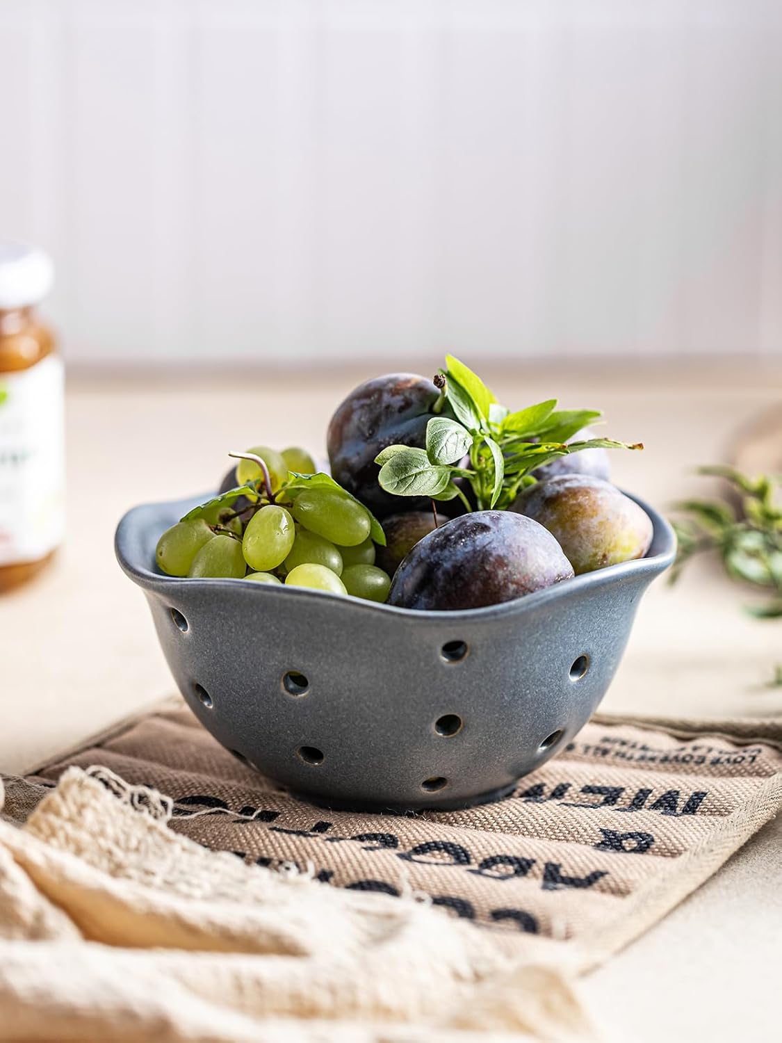 Gomakren Berry Bowls with Holes Ceramic, Berry Washing Bowl Basket Set of 2, 5.8 Inch Round Fruit Bowl Storage Containers, Strawberry Baskets, Farmhouse Kitchen Decor, Yellow + Brown