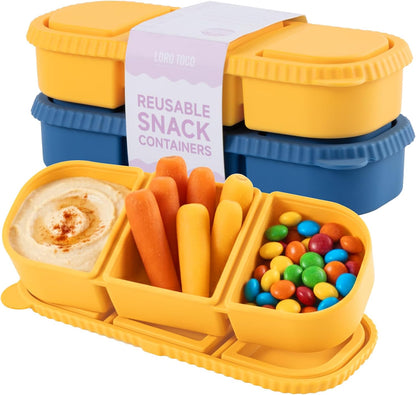 Silicone Reusable Snack Containers with Lids, 4 Pack 3 Compartment Bento Snack Boxes, Leakproof Food Storage Containers for Meal Prep, Lunch, Fruits, Kids & Adults, Dishwasher Safe