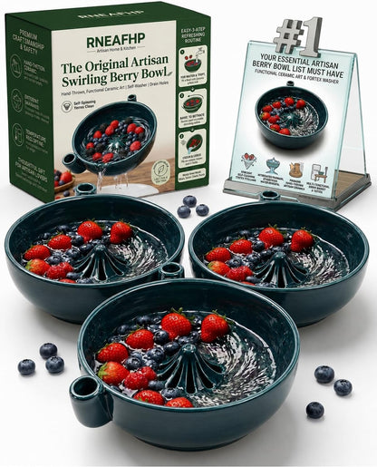 The Original Artisan Swirling Berry Bowl – Hand-Thrown, Functional Ceramic Art Self Washer Spinning Vortex Berry Washing Bowls Fruit Basket Automatic Quick Rotating Cleaning with Drain Holes