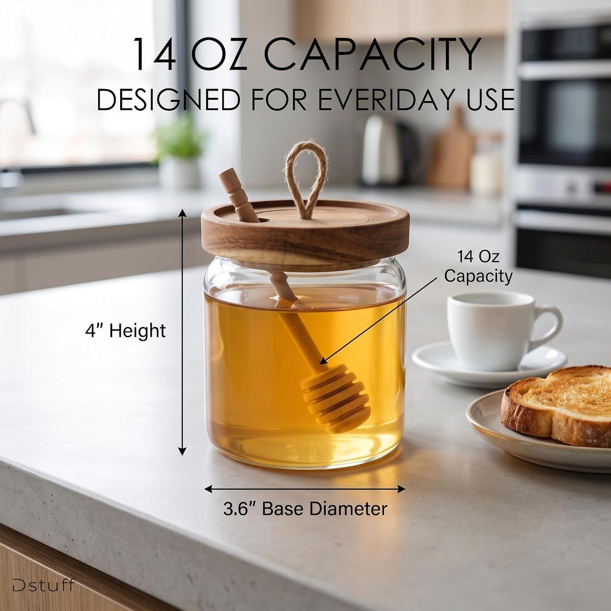 Honey Jar Pot Glass Holder Dispenser Set with Wooden Dipper Stick and Acacia Lid Cover - 14 Oz Honey Jar with Dipper and Lid - Modern Glass Honey Dispenser & Honey Drizzler for Home Kitchen Decor
