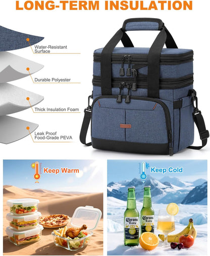 Pritent Lunch Box For Men Women Double Deck Insulated Lunch Bag For Men Woman Leakproof Expandable Cooler Bag with Adjustable Shoulder Strap for Kids Shool Work Picnic Camping(Beige,Large)