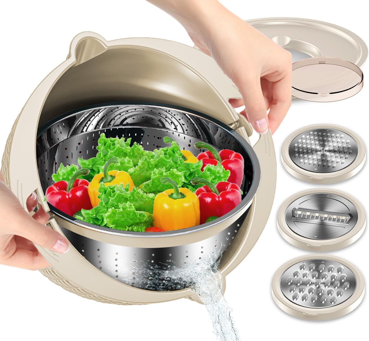 4-in-1 Colander with Bowl Set — Patented 360° Rotatable Strainer Bowl with 3 Graters, Snap-On Lid & Non-Slip Base, Funny Kitchen Present for Women, Aesthetic Pasta Fruit Vegetable Strainer (Beige)
