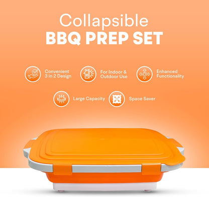 2-Pack XL Collapsible BBQ Prep Tub with Built-in Cutting Board, Lid & Strainer – Multipurpose Meal Prep Container for Outdoor Cooking, BBQ Parties, Kitchen & Travel Use (Black)