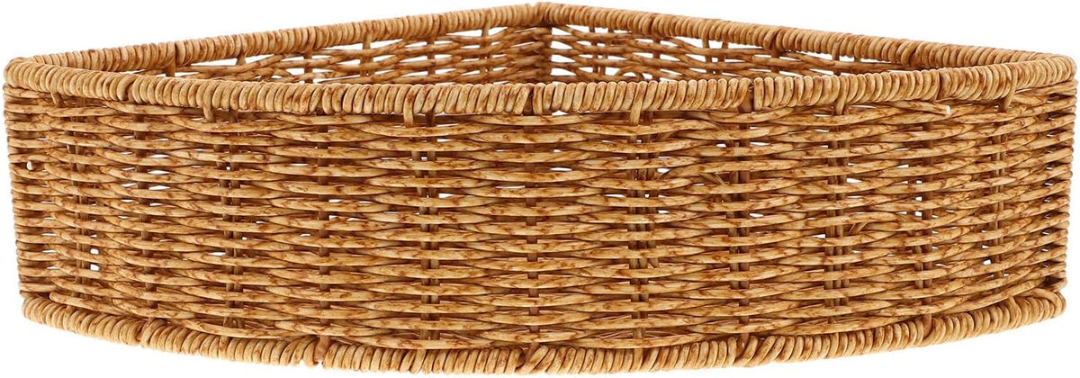 Sturdy Triangle Corner Basket with Imitation Rattan Weaving, 10-inch Fan Shaped Storage Bin for Wardrobe and Home, Easy Access Corner Makeup Organizer for Fruit and Snacks