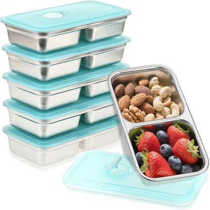 Stainless Steel Snack Containers, 6-Pack Reusable Grab and Go Containers with Lids, Dual Compartment Bento Box for Travel, Camping & Lunch Prep