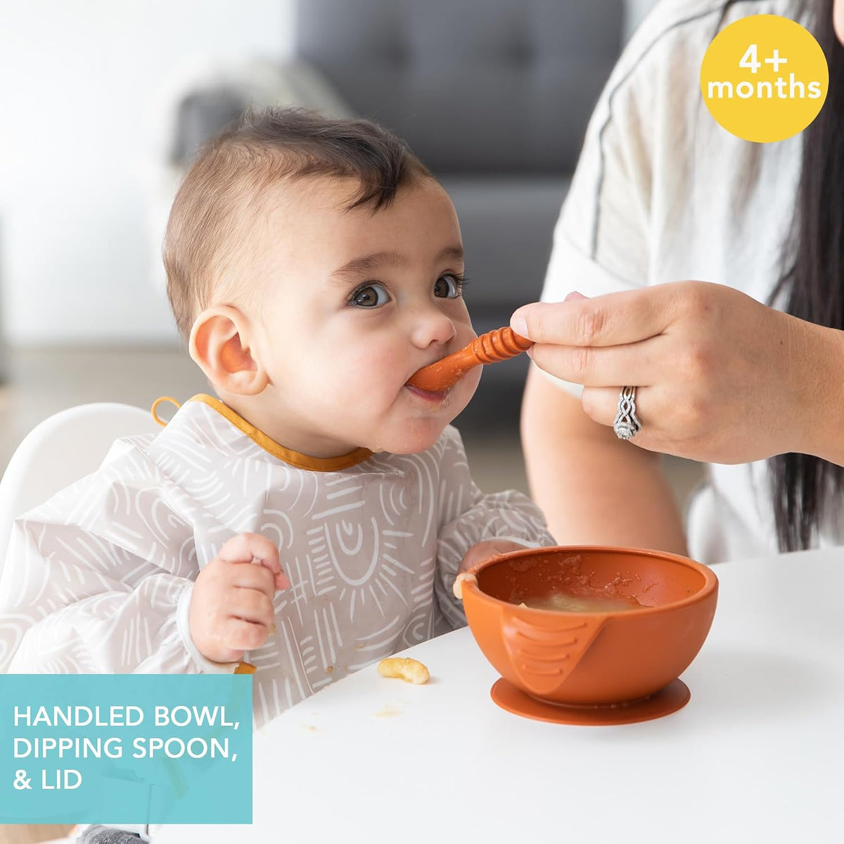 Bumkins Baby Bowl, Silicone Feeding Set with Suction for Baby and Toddler, Includes Spoon and Lid, First Feeding Set, Training Essentials for Baby Led Weaning for Babies 4 Months Up, Sage