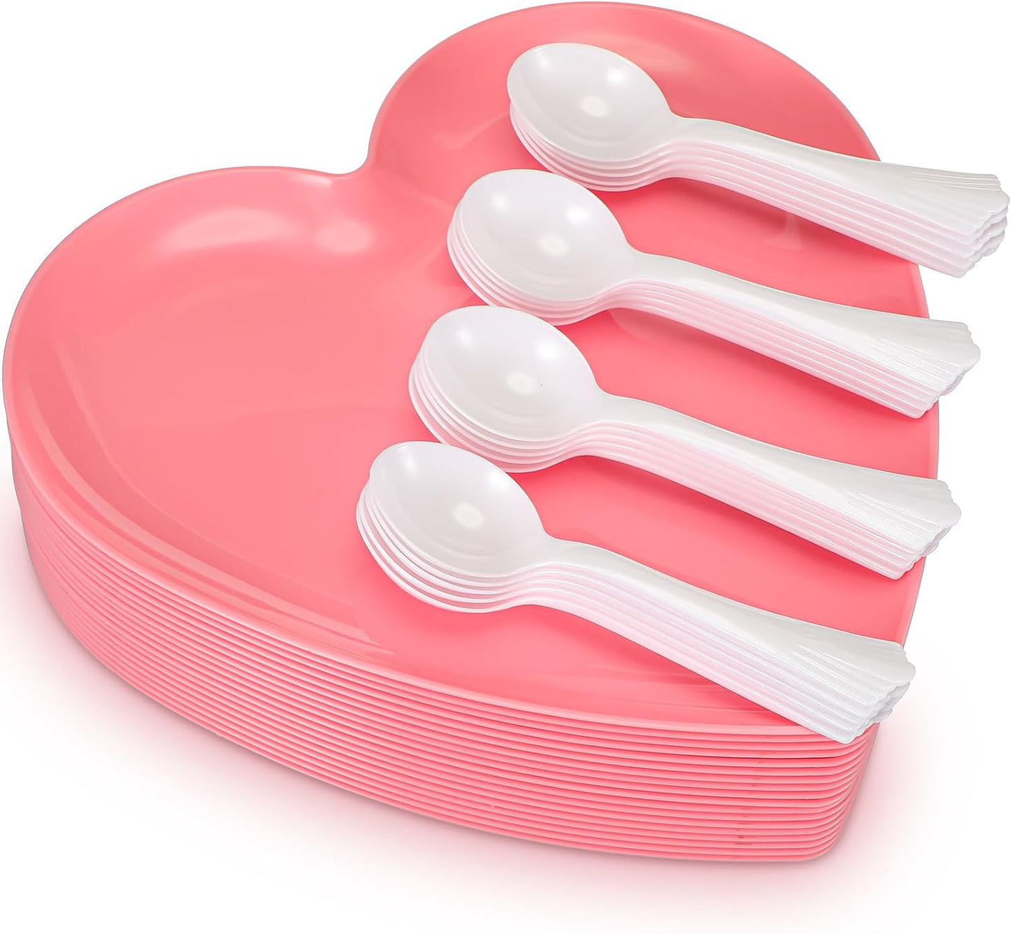 Layhit 38 Pieces Valentines Heart Shaped Plates Spoon Set Include 18 Pcs 10 Inch Valentines Day Heart Shaped Food Tray 20 Pcs Plastic Spoon Salad Dessert Plate for Party Supplies(Red)