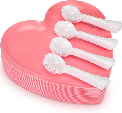 Layhit 38 Pieces Valentines Heart Shaped Plates Spoon Set Include 18 Pcs 10 Inch Valentines Day Heart Shaped Food Tray 20 Pcs Plastic Spoon Salad Dessert Plate for Party Supplies(Red)