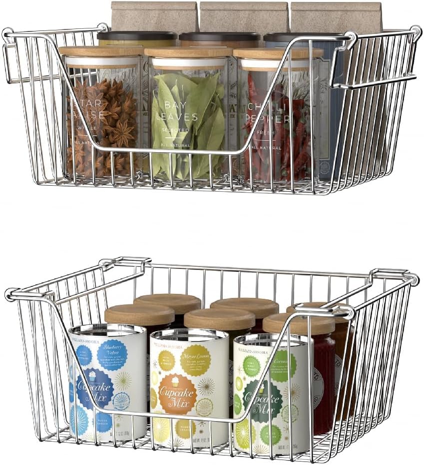 SANNO Black Stackable Wire Baskets Stacking Bins Stackable Basket for Vegetable Storage Pantry, Fridge, and Bathroom Organization,3pack