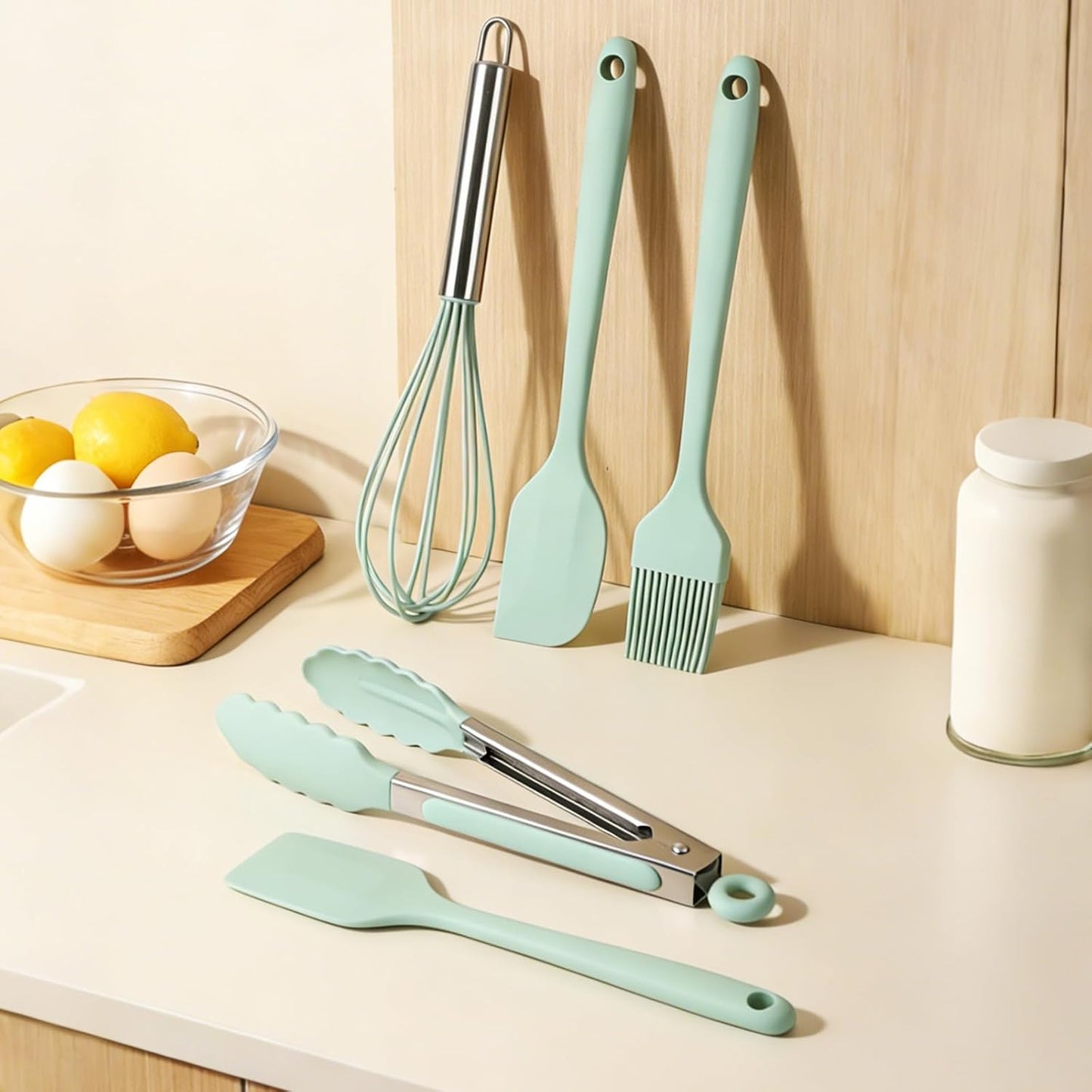 Silicone Kitchen Utensils Set - 5 Pcs Spatula Set with Holder, Heat Resistant, Dishwasher Safe (Green)