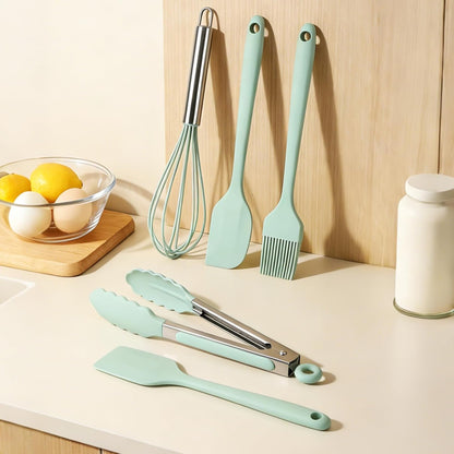 Silicone Kitchen Utensils Set - 5 Pcs Spatula Set with Holder, Heat Resistant, Dishwasher Safe (Green)