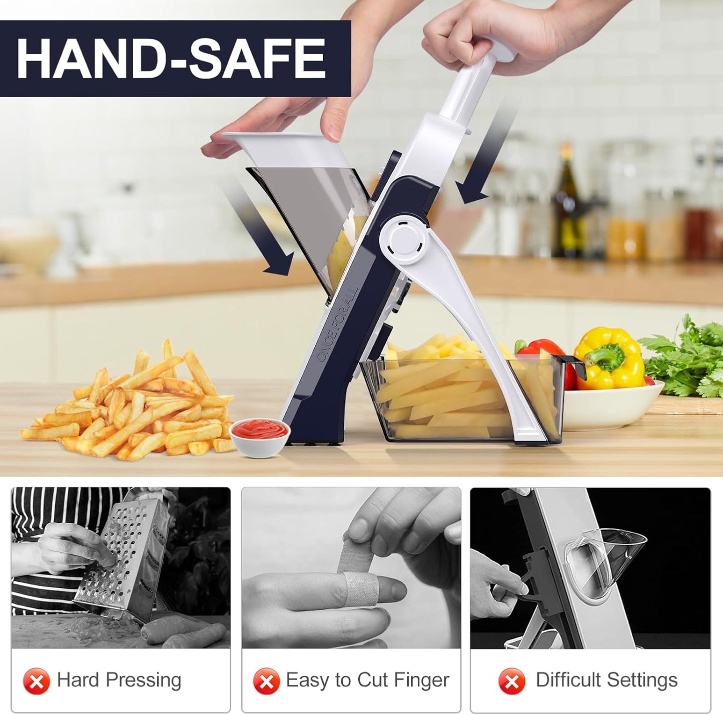 [All in 1] Upgraded Version Safe Mandoline Slicer for Kitchen, Adjustable Thickness. Veggie Slicer, Rapid Prep Mandoline, Detachable Blade, Cleaning Brush/Paring Knife (Black Knight)