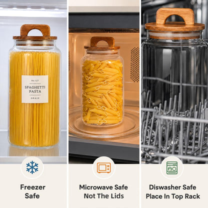 2 Pack Large Glass Flour and Sugar Containers with 132 Pantry Labels - 64 FL OZ Glass Canisters with Bamboo Airtight Lids - Farmhouse Glass Cookie Jars for Rice, Pasta, Cereal, Bath Salt