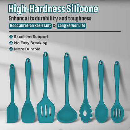 E-far Silicone Cooking Utensils Set, 7-Piece Black Heat Resistant Kitchen Utensils Set, Kitchen Nonstick Tools Spatula Ladle Spoon Pasta Server for Non-stick Cookware, Non-Toxic & Dishwasher safe