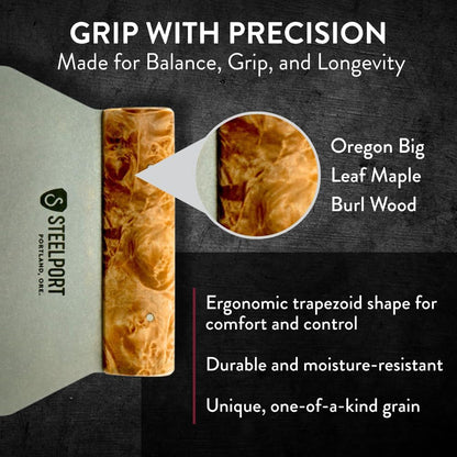 Steelport Bench Scraper | USA Made Dual Edge Stainless Steel Dough Cutter | 18-Gauge Steel Blade, Tapered Maple Burl Handle | Kitchen Gadgets for Bakers, Professionals, Home Cooks | Gift for Bakers