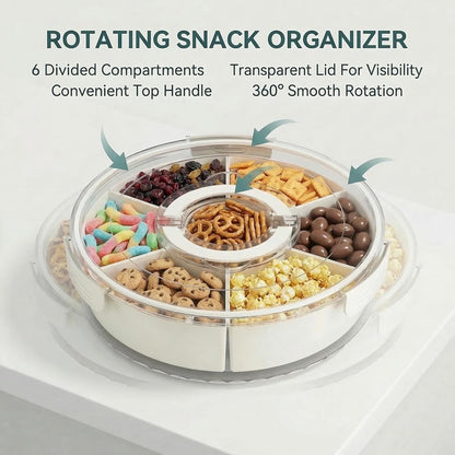 1-Pack Divided Serving Tray with Lid and Handle, 6-Compartment Snackle Box Container for Fruits Vegetables Snacks, Portable Spinning Round Veggie Tray for Kitchen Party Travel Picnic