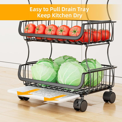 Simple Trending 4 Tier Rolling Cart, Stackable Fruit Vegetable Basket with Wheels and 2 Hanging Basket, Kitchen Storage Metal Wire Basket Stand for Vegetable Snacks, Black