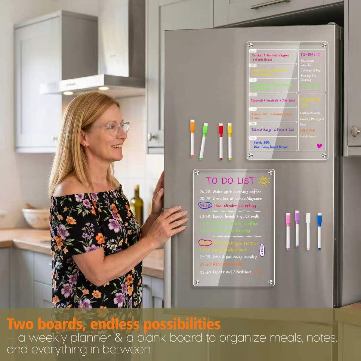 2 Pack Magnetic Meal Planner for Fridge, Acrylic Weekly Planner & Menu Board Set, Clear Fridge Whiteboard Calendar with 8 Markers & 1 Towel, Meal & Grocery Organization for Kitchen