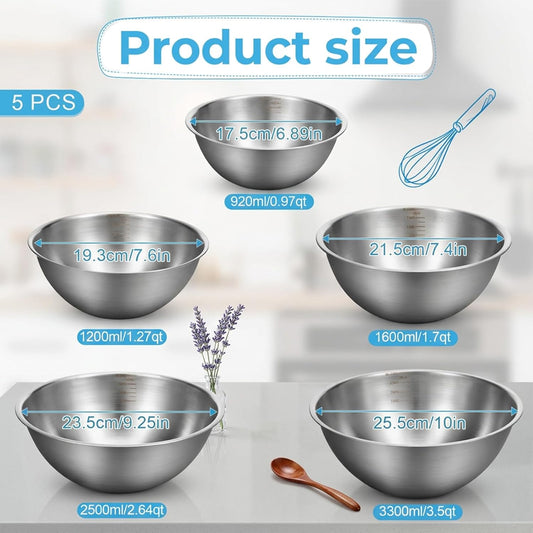 5 Pack Stainless Steel Mixing Bowls with Marks, Heavy Duty Nesting Bowls Set, Food Grade 304, Dishwasher Safe & Stackable for Cooking, Baking, Prepping (1, 1-1/2, 2, 2-1/2, 3-1/2 QT)