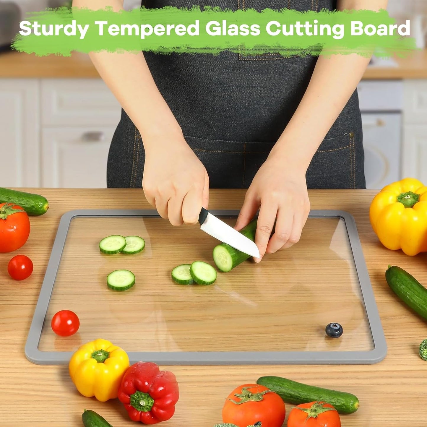 Cutting Board, Tempered Glass Cutting Board for Kitchen Counter, 2Pcs Chopping Board Set with Non-Slip Silicone Edges, Heat Resistant, Dishwasher Safe, Kitchen Decoration