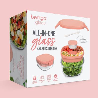 Bentgo Glass Salad Container - 7.6-Cup Salad Bowl with Airtight Lid, Leak-Proof Sauce Container, 4-Compartment Bento Tray & Reusable Fork - BPA-Free for Meal Prep, Office & More (Light Blue)