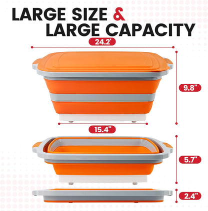 BBQ Prep Tub 3-IN-1 Large 16L Collapsible Cutting Board with Locking Lid for Meal Prep Marinating Food, Camping Sink with Colander, Dish Basin, Storage Blanket for Camping Picnic BBQ, Black